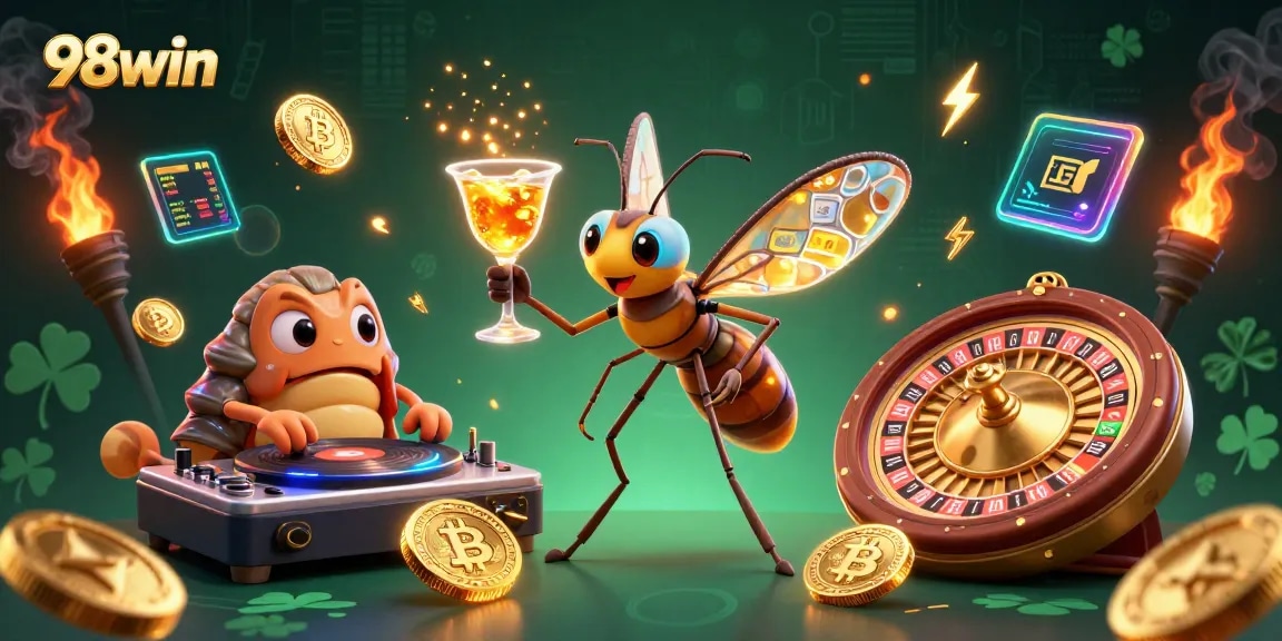 Witness 98win's thrilling gaming universe with a cartoon mosquito mascot, trilobite DJ, and vibrant crypto elements.