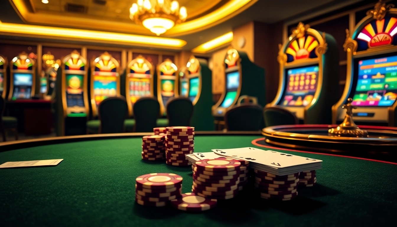 Exciting casino scene at https://kuwincom.net/ featuring a poker table, glowing slots, and a roulette wheel.