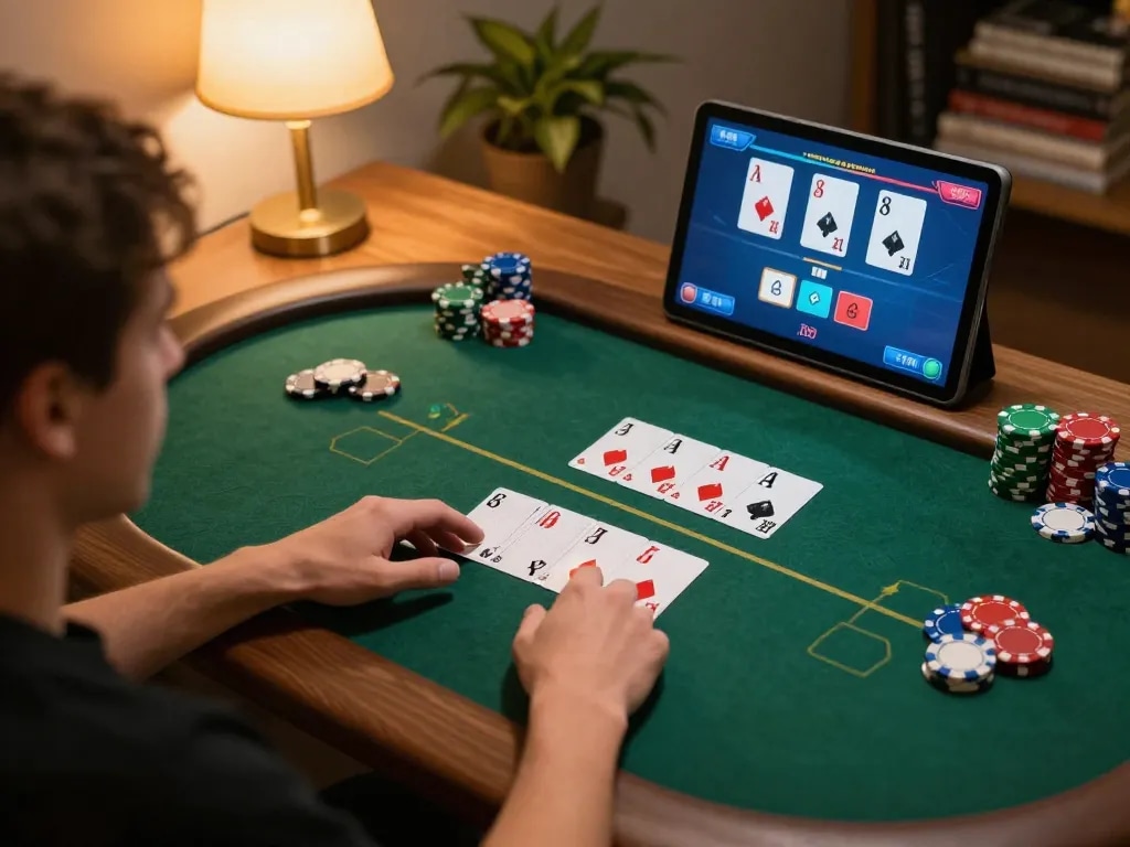 Playing poker on 88bet com tablet, showcasing engaging game interface and a cozy home atmosphere.