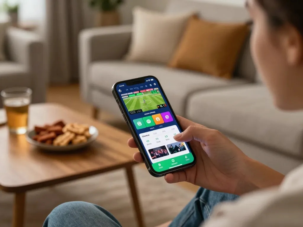 Engaging sports betting action on a smartphone showcasing https://fabet.limited/ in a cozy home setting.