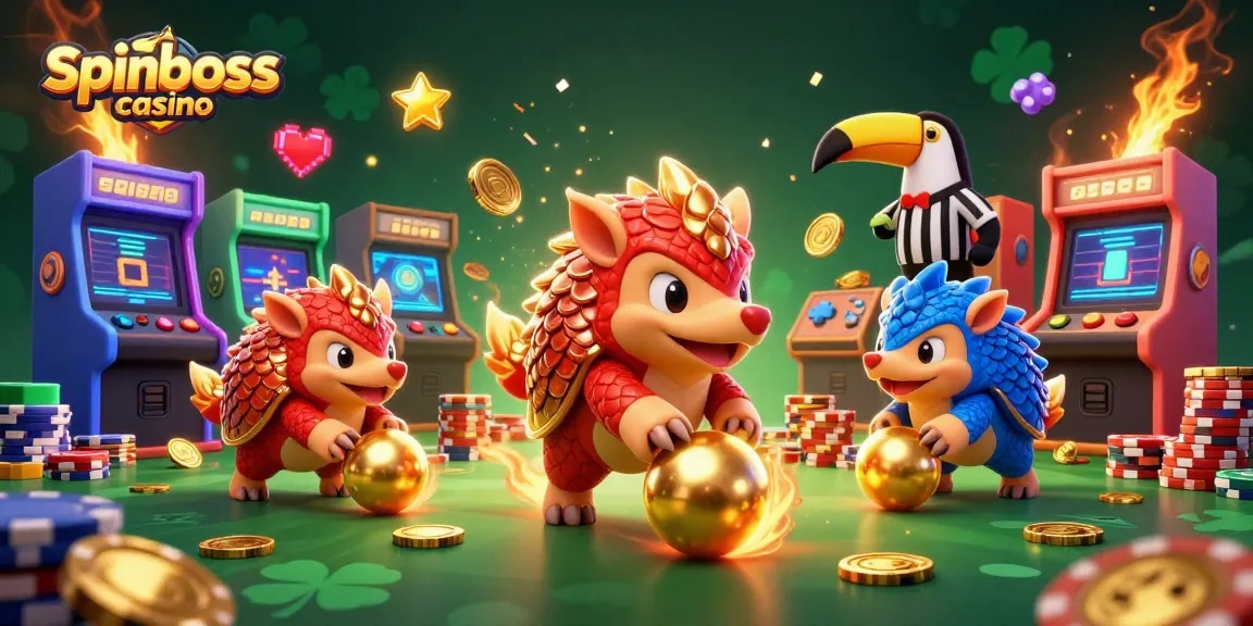 Spiele strategisch an spinboss casino mit einer aufregenden 3D-Illustration von rivalisierenden Pangolinen.