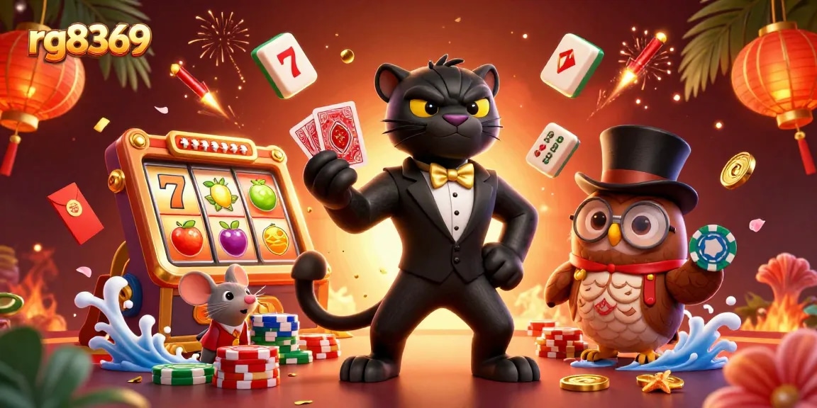 Engage in thrilling gaming at rg8369 as a stylish panther deals cards with vibrant casino elements surrounding.