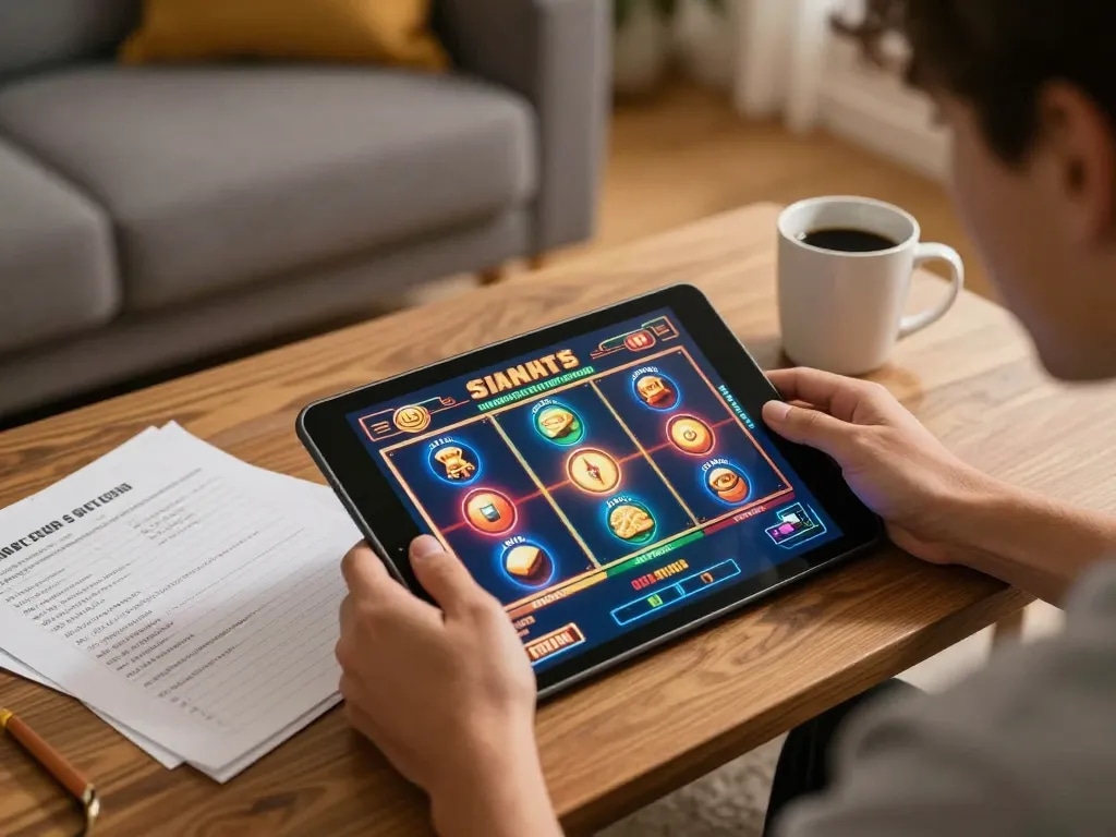 Spieler genießt eine Online-Spielsession zu Hause mit viggoslots-deu auf ihrem Tablet, umgeben von Strategienotizen.