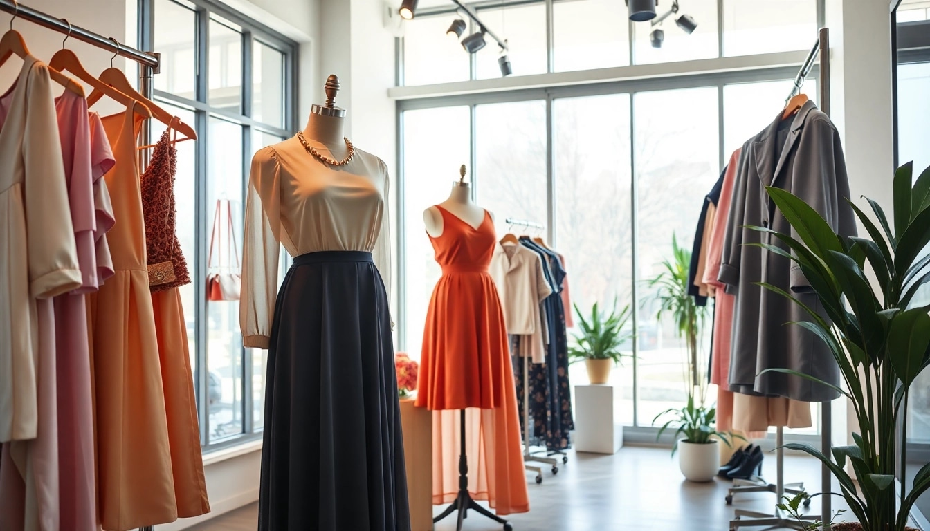 Mode & Lifestyle Onlineshops präsentieren stilvolle Bekleidung in einem eleganten Boutique-Setting.