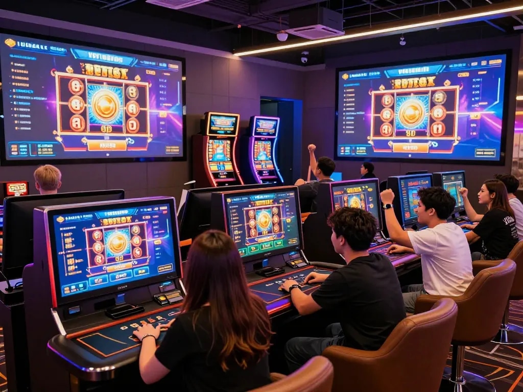 Exciting 娛樂城 gaming environment with players enjoying various games and vibrant neon lights.