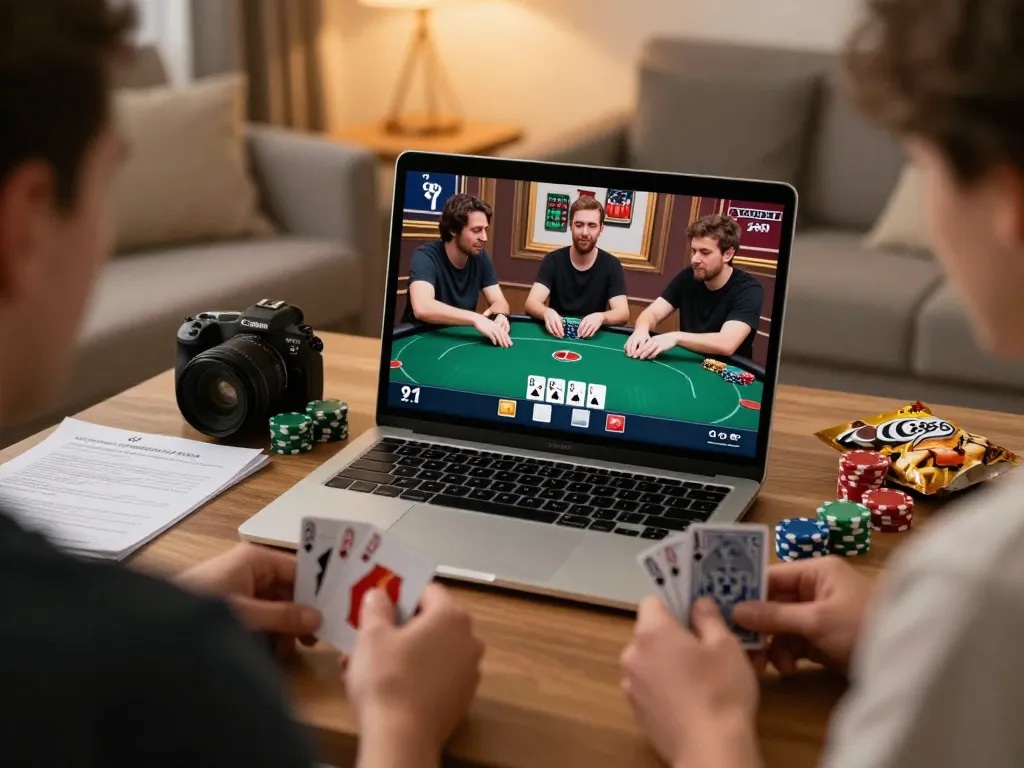 Engaged player strategizing on https://xi88.global/ while playing online poker in a cozy home setting.