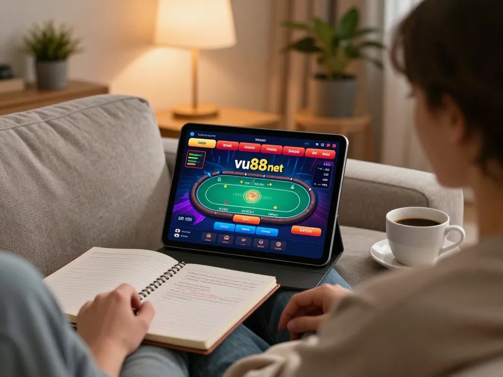 Engaging in online poker gaming at home with vu88 net displayed on a tablet amidst cozy surroundings.