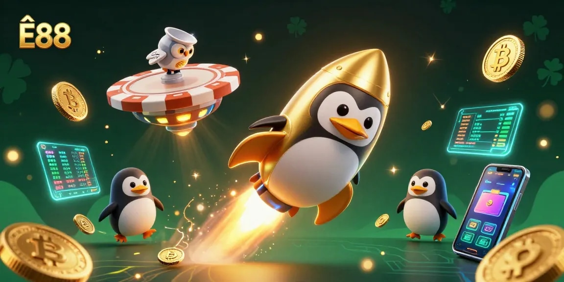 Experience the excitement of Ê88 as a golden penguin blasts through space, revealing casino riches.