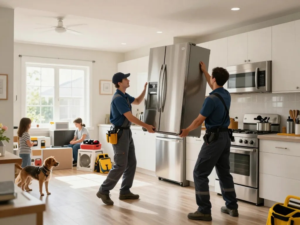 Efficient appliance removal process showcasing technicians carefully lifting a refrigerator during removal service.