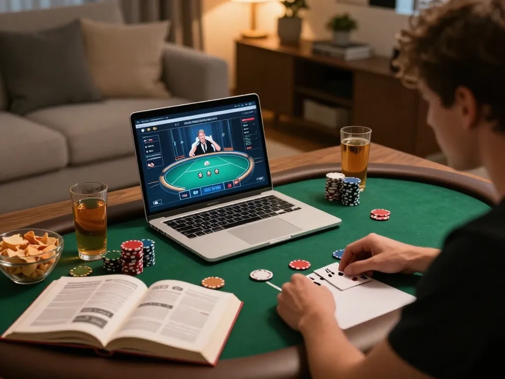 Ga368 player engaging in online poker strategy and gameplay in a comfortable setup.