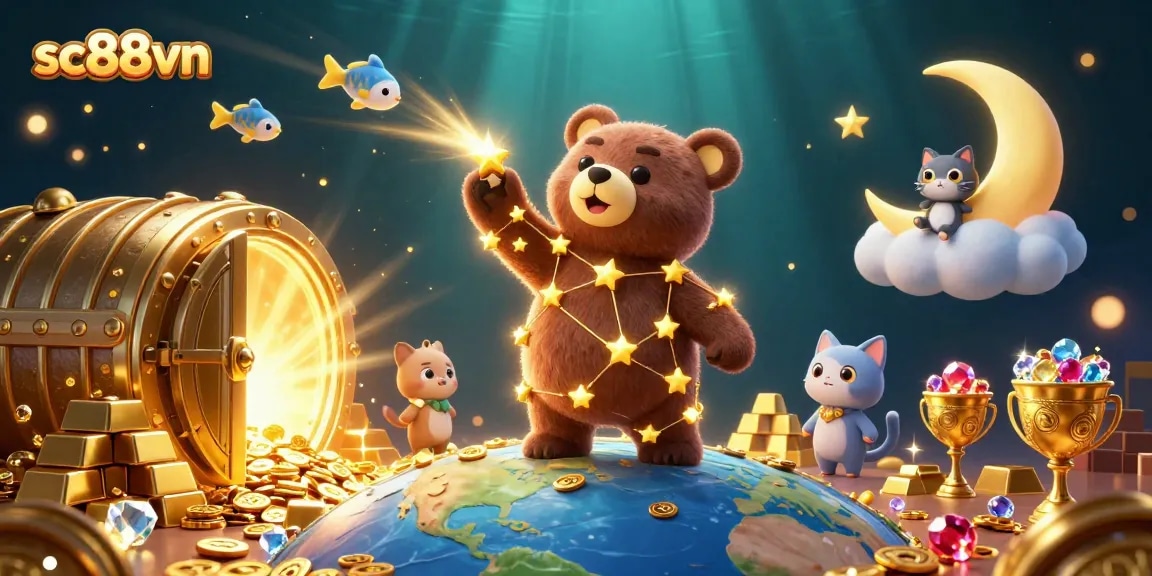 Experience the charm of sc88vn as a constellation bear collects coins among vibrant casino treasures and shooting stars.
