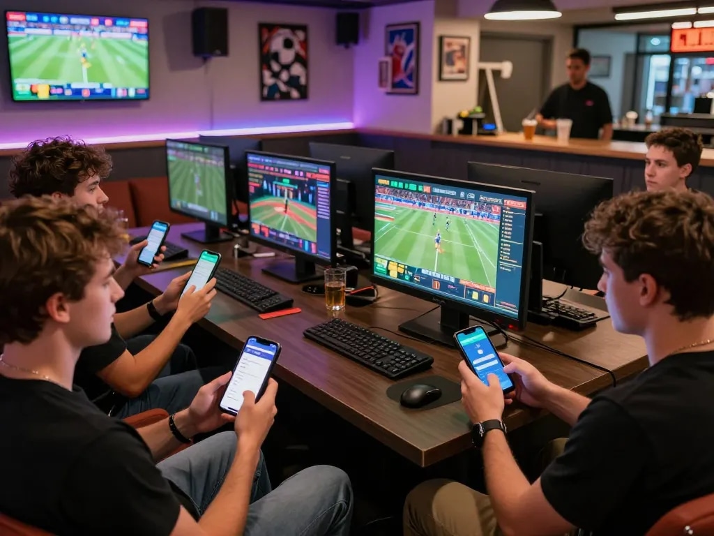 Exciting debet sports betting scene with friends in a modern gaming lounge