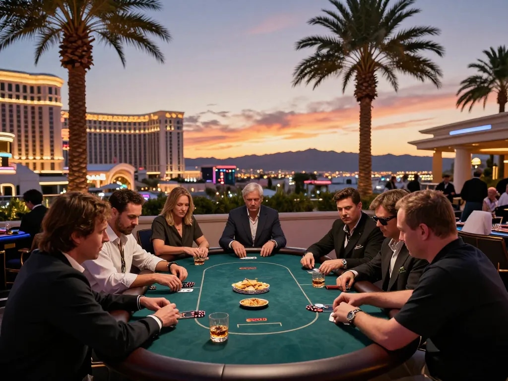 Players enjoying a high-stakes poker game at XX88 casino's luxurious terrace.