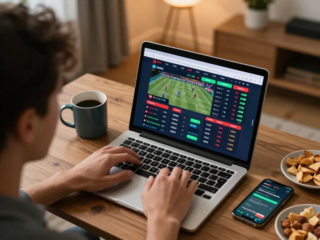 Engaged user analyzing O8 FOREX betting options on a laptop while enjoying a comfortable setting.