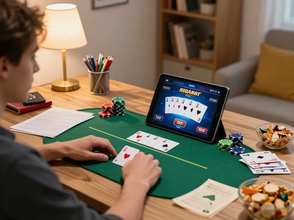 Player strategizing in hubet poker game app with snacks and notes in cozy home setting