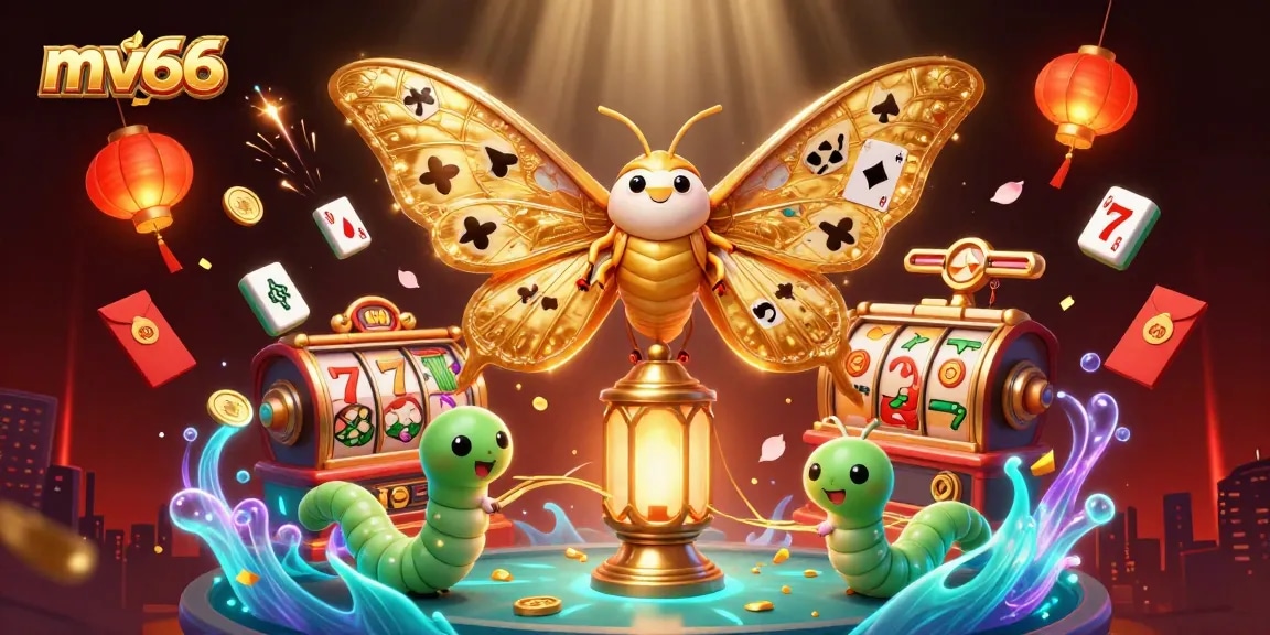 Spin for big wins with mv66's vibrant 3D casino scene showcasing golden moths and slot reels.