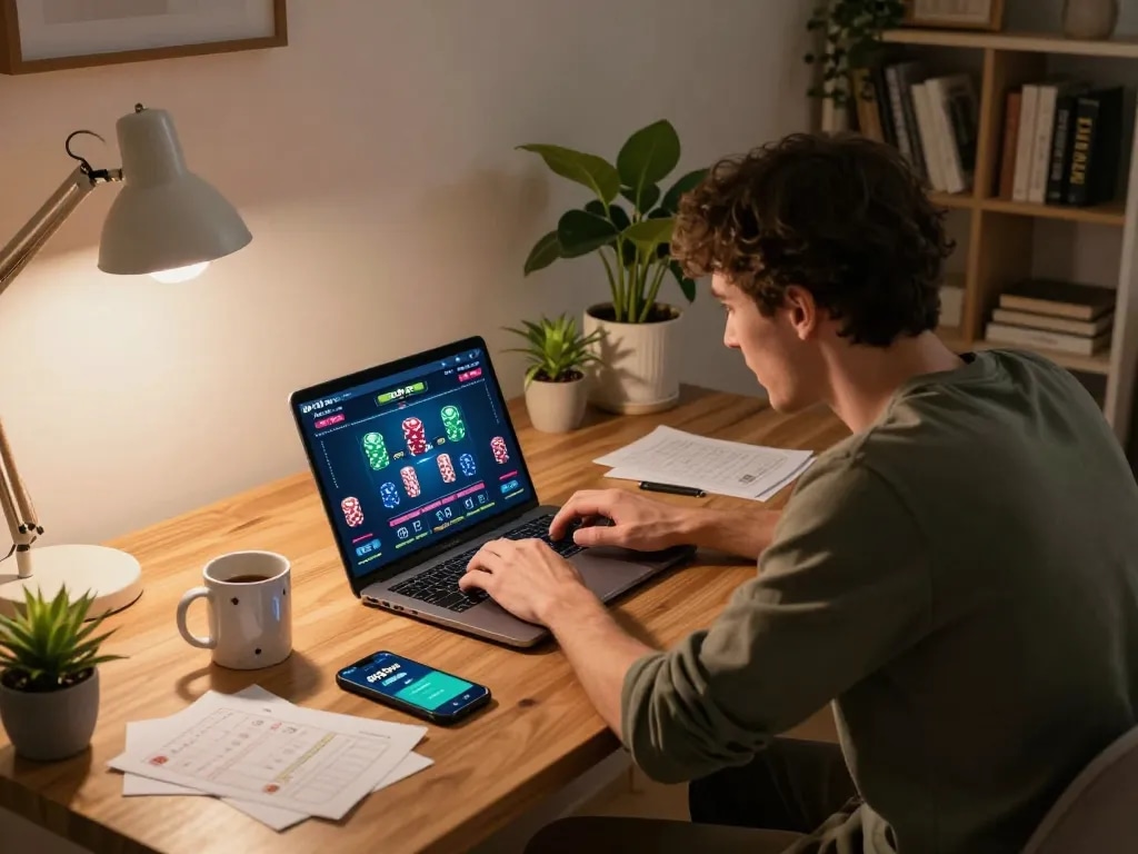 Engaging in go8 pro online gameplay with strategic notes in a cozy home office.