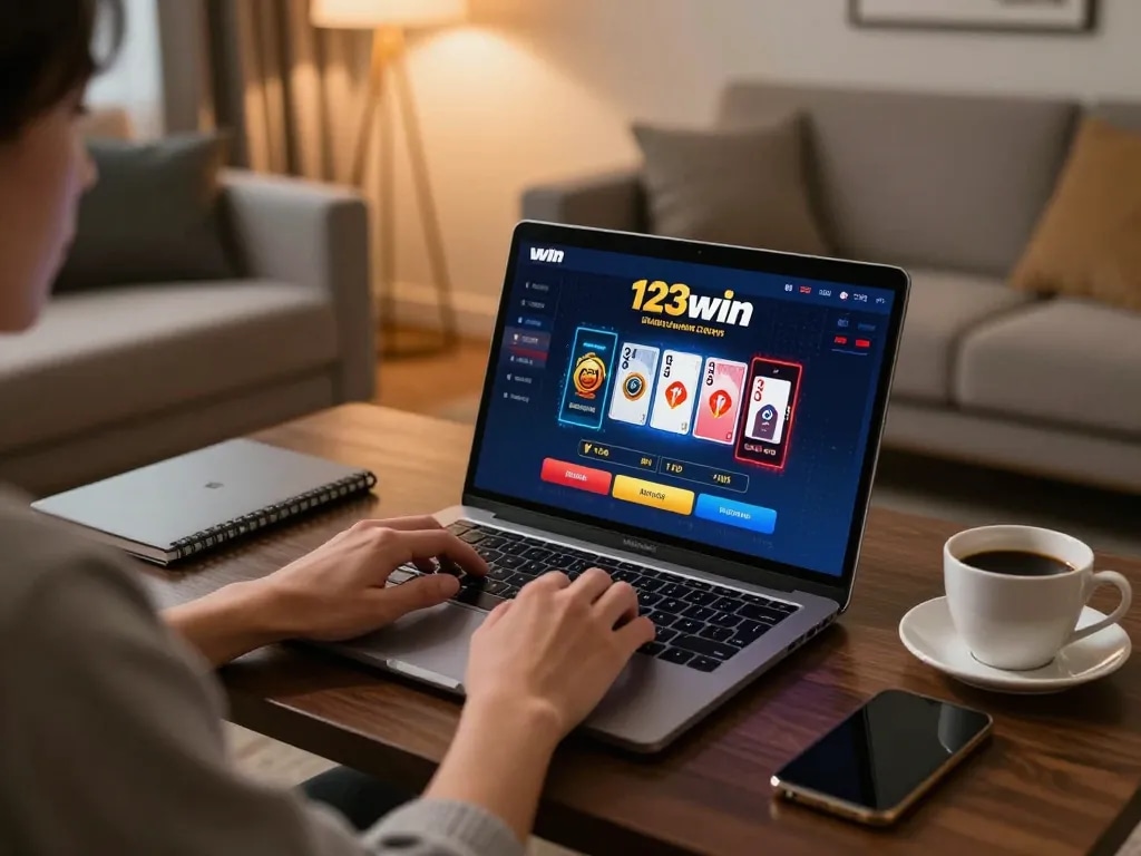 A player engaging with the 123win com online casino interface, combining strategy and comfort at home