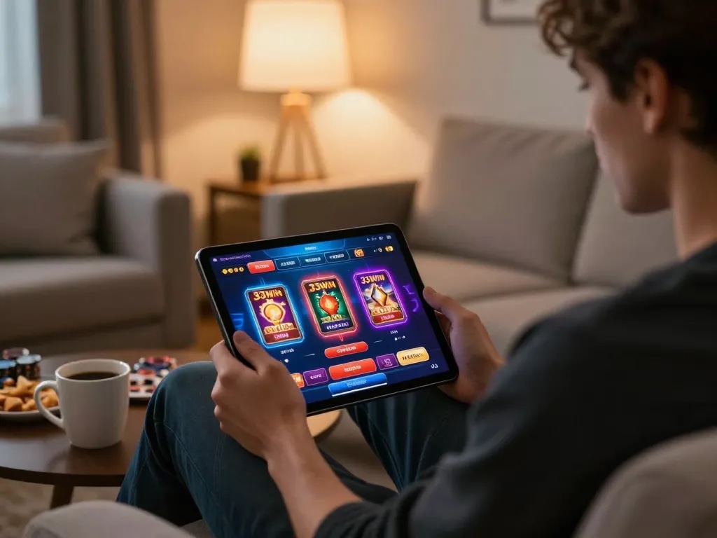 Engaged player enjoying 33WIN online casino games on tablet in a cozy home setting.