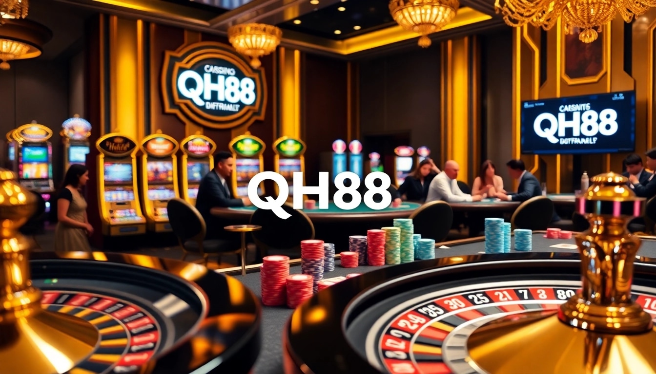 Engaged players at a QH88 poker table with colorful chips and cards under soft glowing lights.