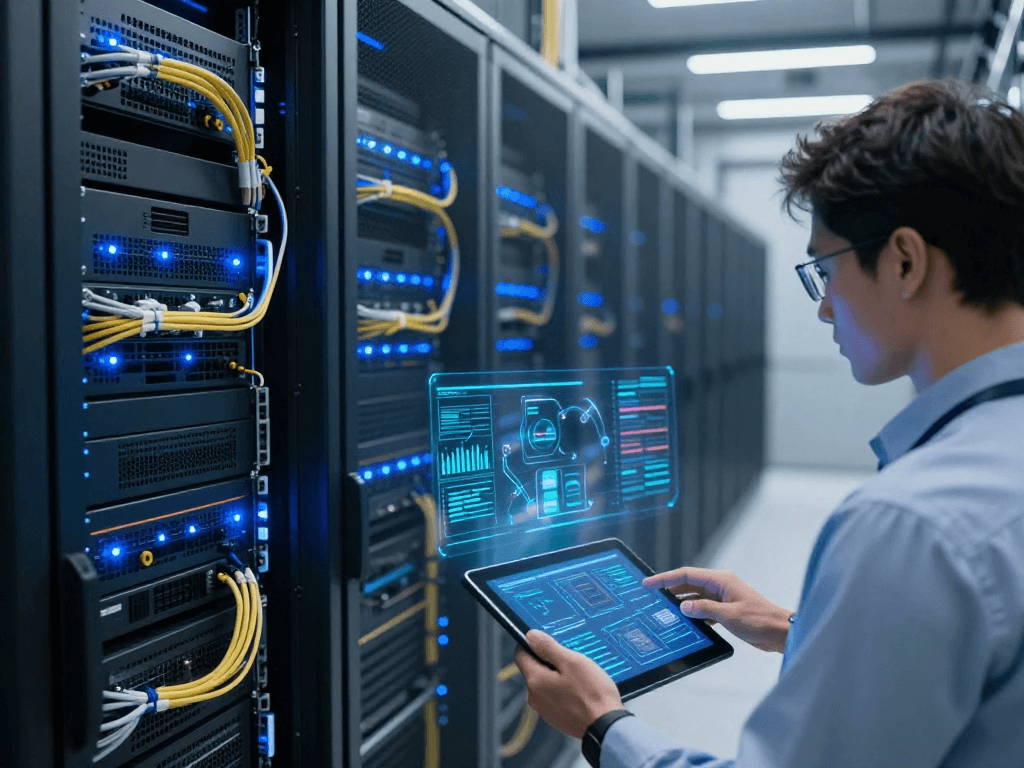 IPTV subscription management interface in a modern cloud-based environment, showcasing high-quality server racks and AI technology integration for enhanced user experience.