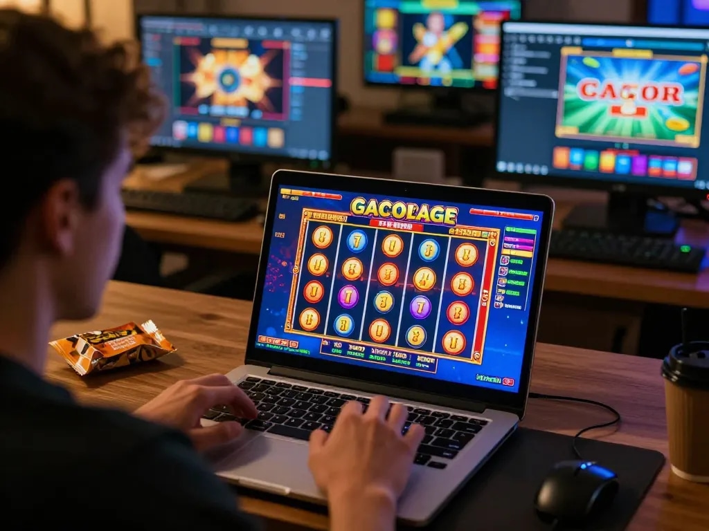 Player enjoying slot gacor games on laptop with engaging interface in cozy home setting.