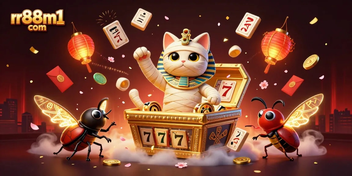 Engage in thrilling slot action at rr88m1 com with the standout Egyptian mummy cat bursting from its sarcophagus.