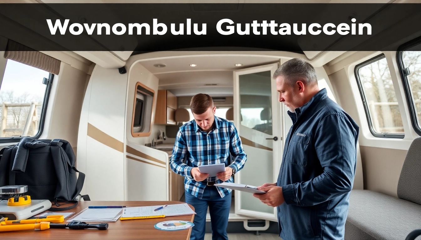 Wohnmobil Gutachten Augsburg einer detaillierten Inspektion in einem modernen Büro.