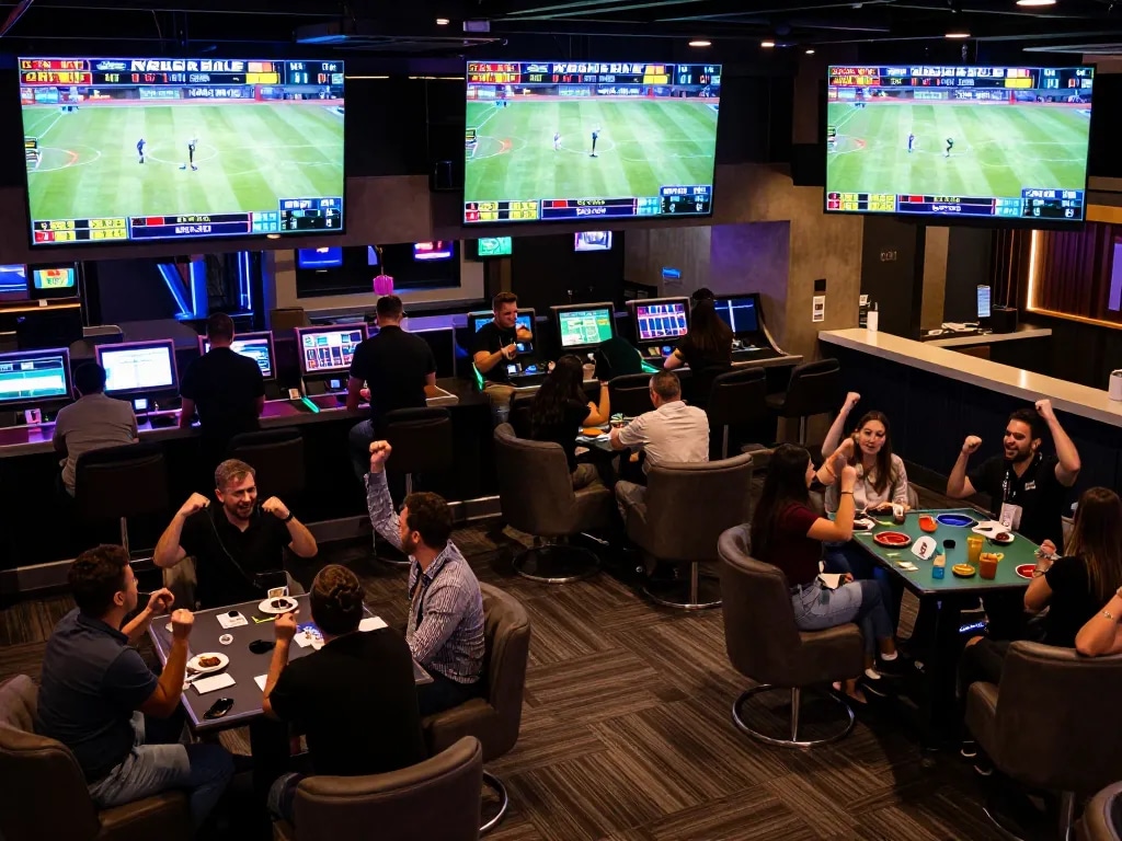 I9BET patrons engaging in live sports betting, with excitement and screens displaying game odds.