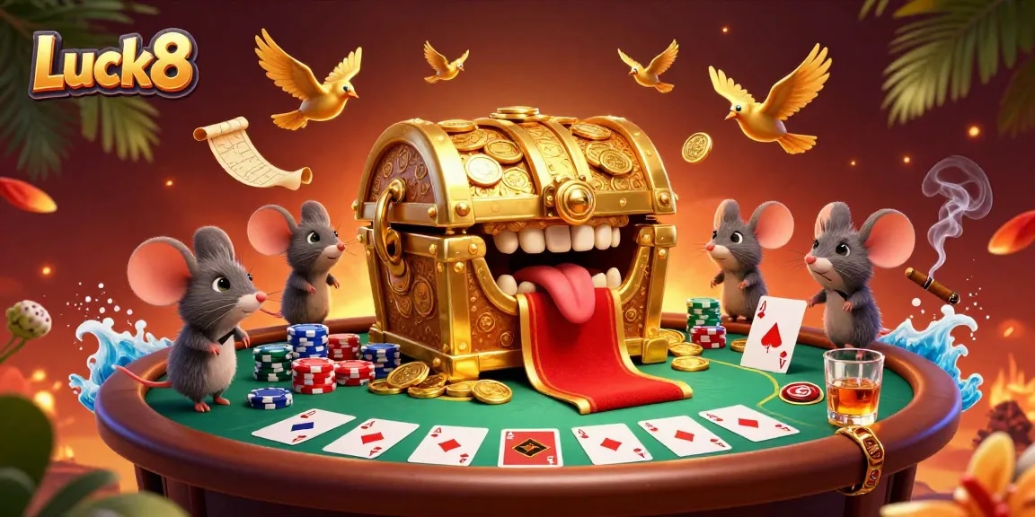 Experience thrilling poker adventures and rewards at Luck8 Casino with an engaging 3D illustration.