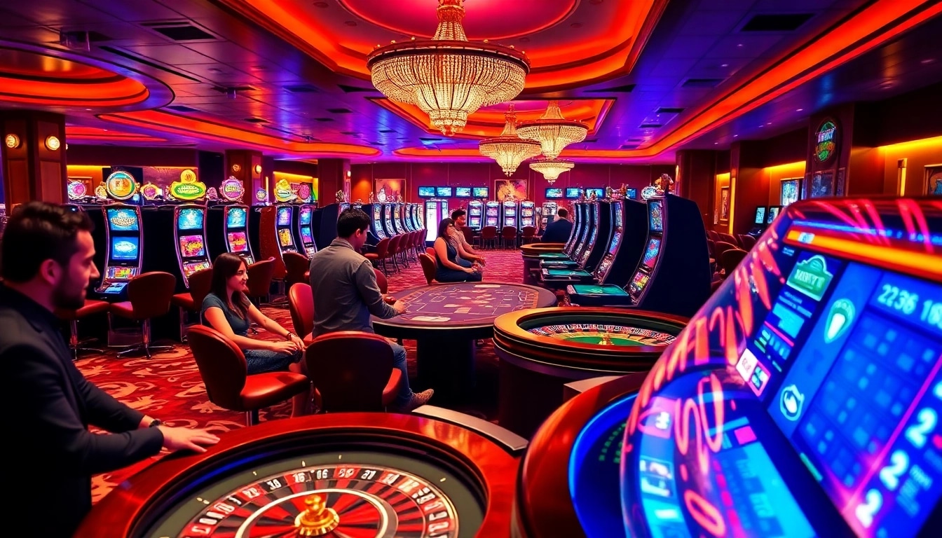 Excited players enjoying their games at Bay789 casino with vibrant slots and tables.