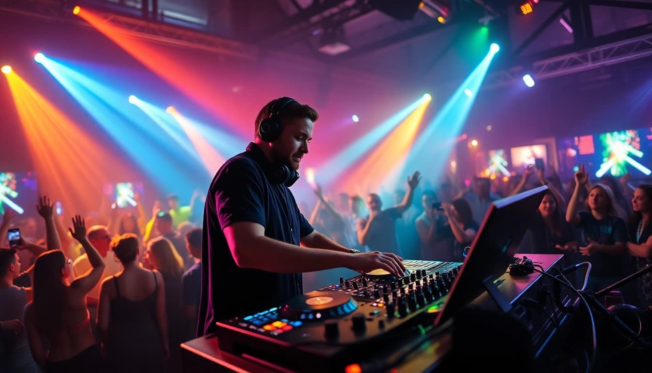 DJ aus München begeistert die Menge mit mitreißenden Beats bei einem Event.