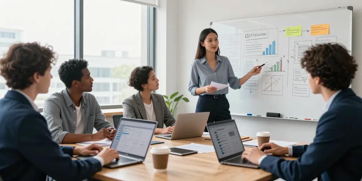 Engagierte Teamarbeit auf dieser Website in modernem Büro, Fachkräfte diskutieren Strategien.