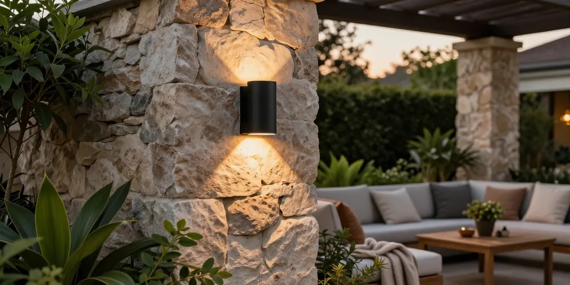 Moderne schwarze Außenwandleuchte, die einen Patio mit Grünpflanzen und warmer Atmosphäre beleuchtet und Außenwandleuchten Schwarz hervorhebt.