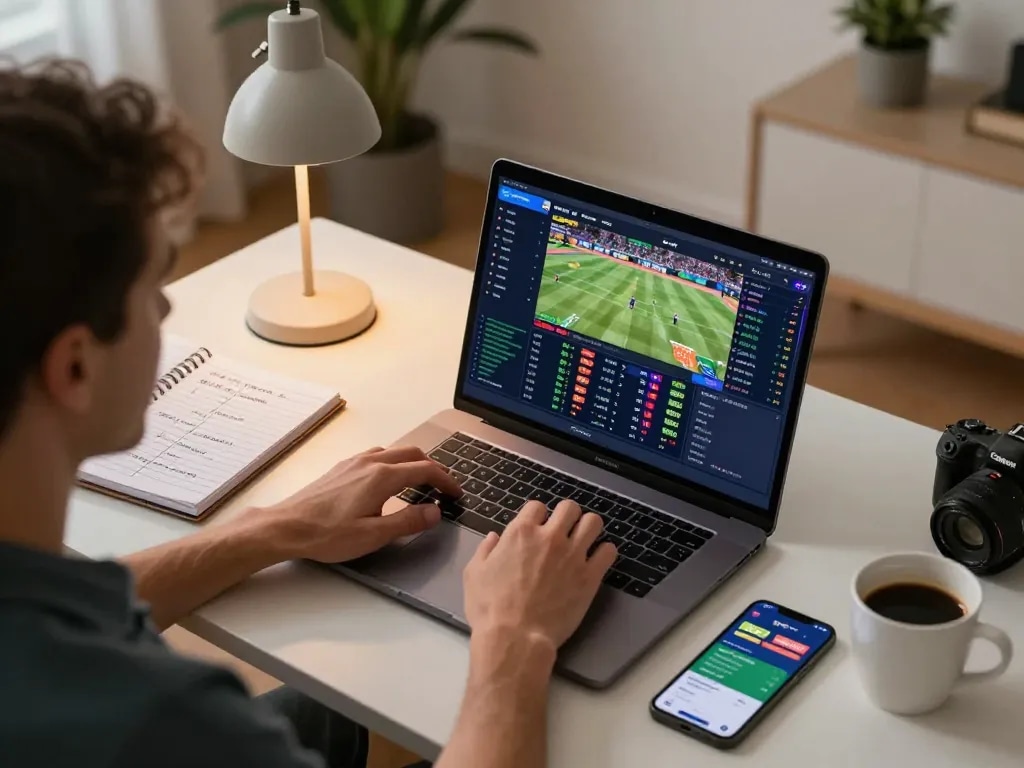 Kèo nhà cái enhances sports betting strategy at home with player reviewing odds on laptop.