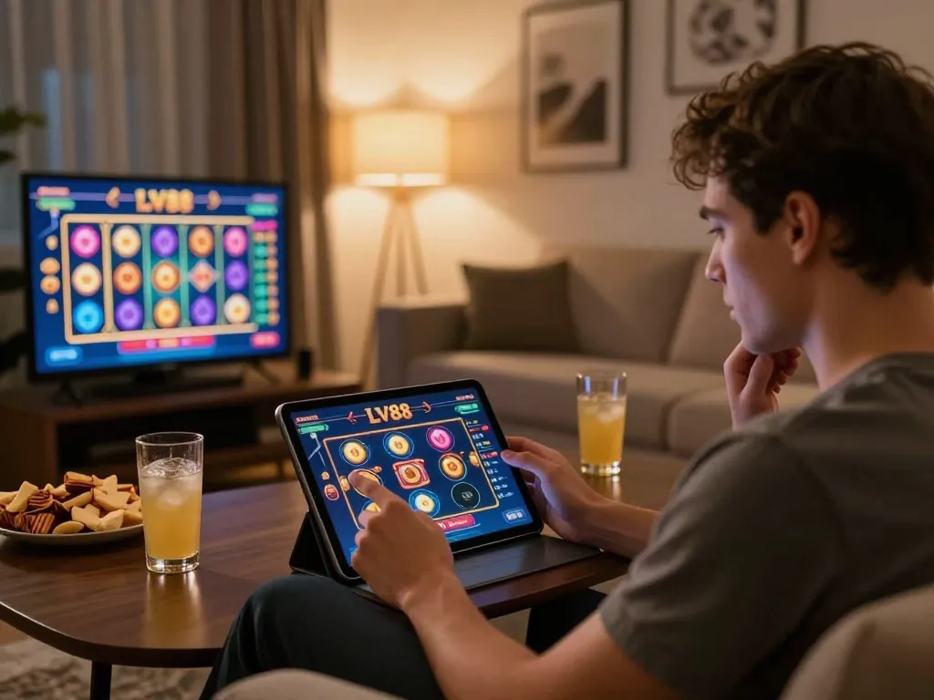 Person engaging with the LV88 casino app on a tablet in a cozy gaming setup with snacks and warm lighting.