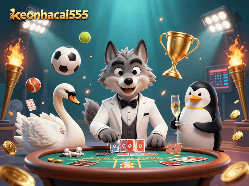 Engage in thrilling baccarat action with keonhacai555 featuring a debonair wolf, swan dealer, and penguin sommelier.