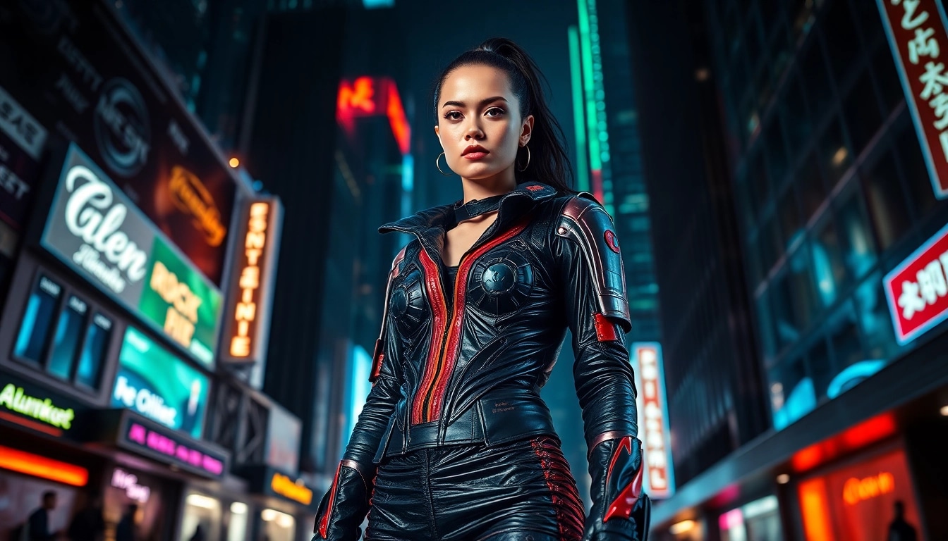 Tragen Sie cyberpunk clothing mit einzigartigen Designs und lebendigen Farben in einem futuristischen Stadtszenario.