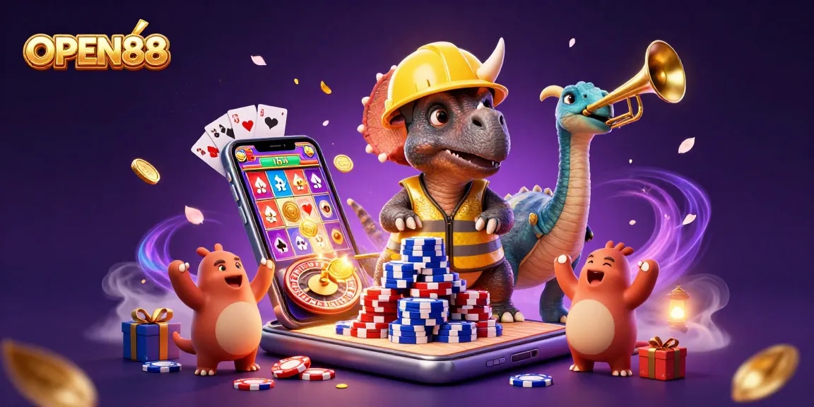 Experience winning excitement at OPEN88 with a lively 3D casino scene and playful characters.