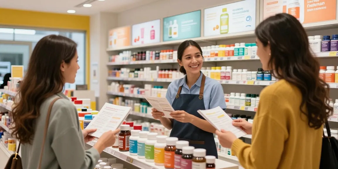 Kunde erkundet Produkte im Medi Pharma Shop, lebendige Gesundheits- und Wellness-Ausstellung.