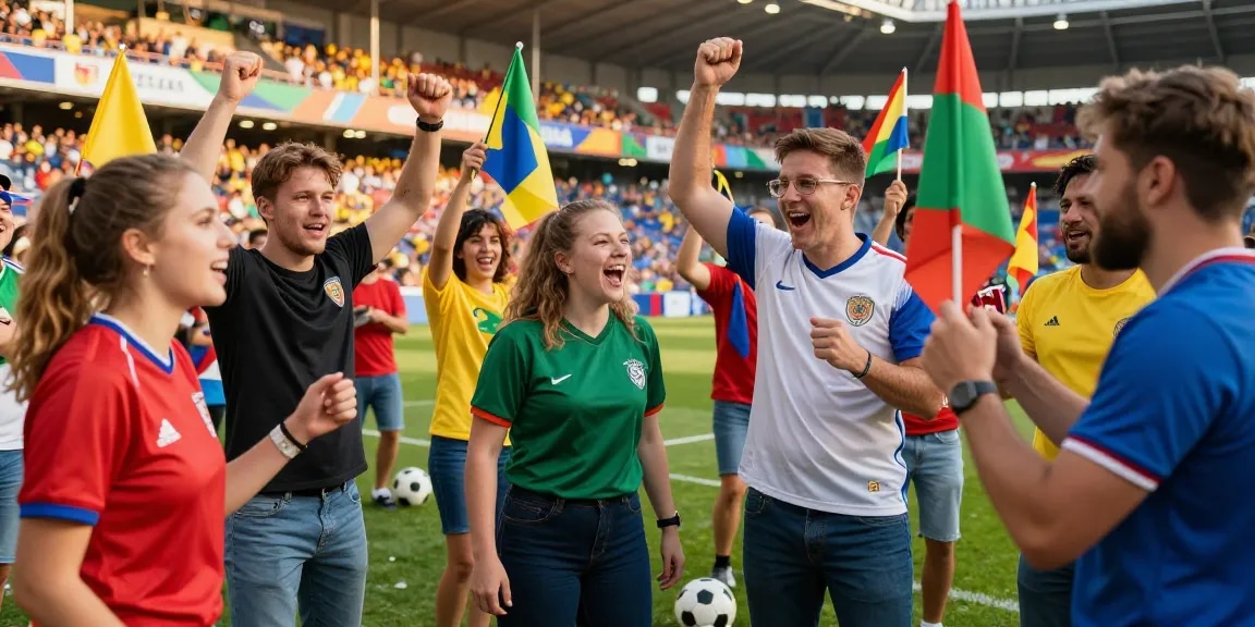Fans feiern in bunten Trikots und jubeln für das WM Fußball, lebhafte Atmosphäre und Stadion im Hintergrund.