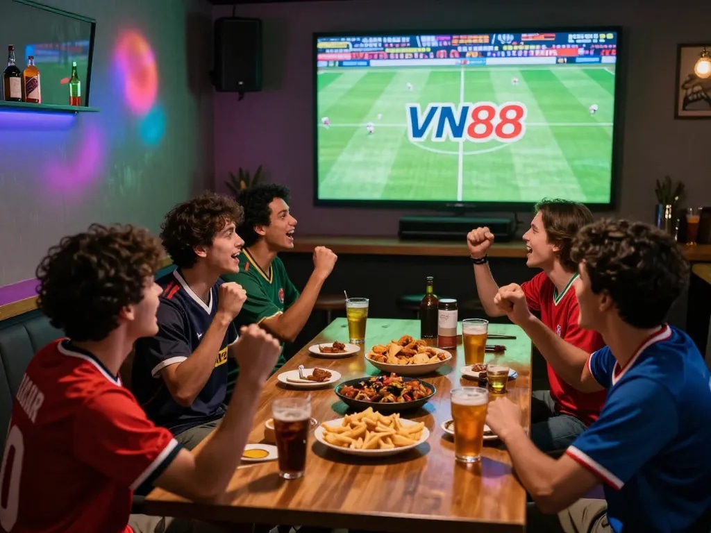 Friends celebrating a win while betting on sports at VN88 viewing party.