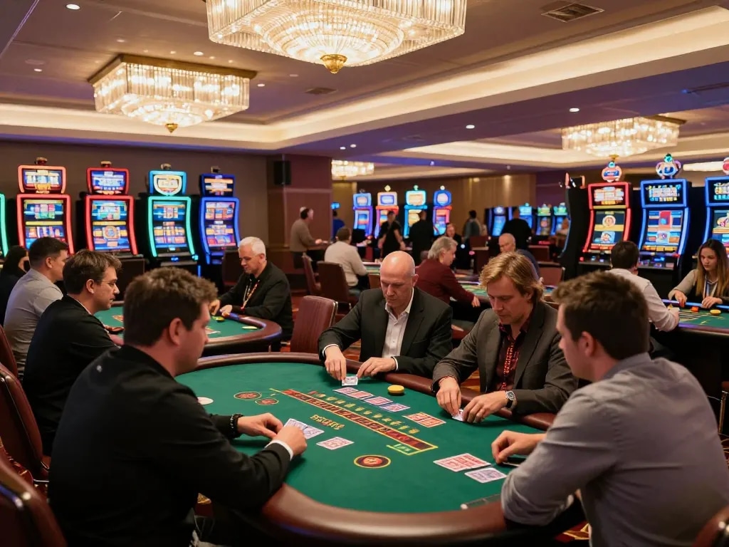 Players enjoying a thrilling blackjack game at https://nk88.co.uk/ casino, showcasing strategic moves and lively atmosphere.