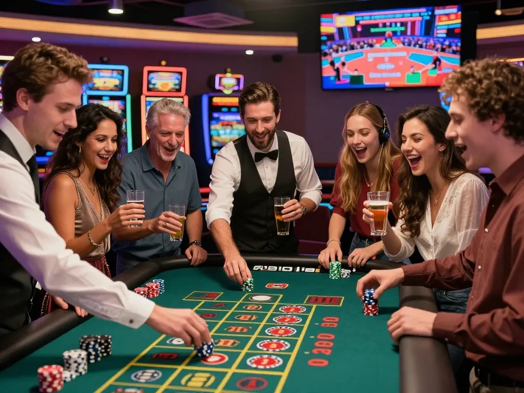 A group of friends enjoying a thrilling roulette game at https://may88.bio/ casino, capturing excitement and vibrant atmosphere.