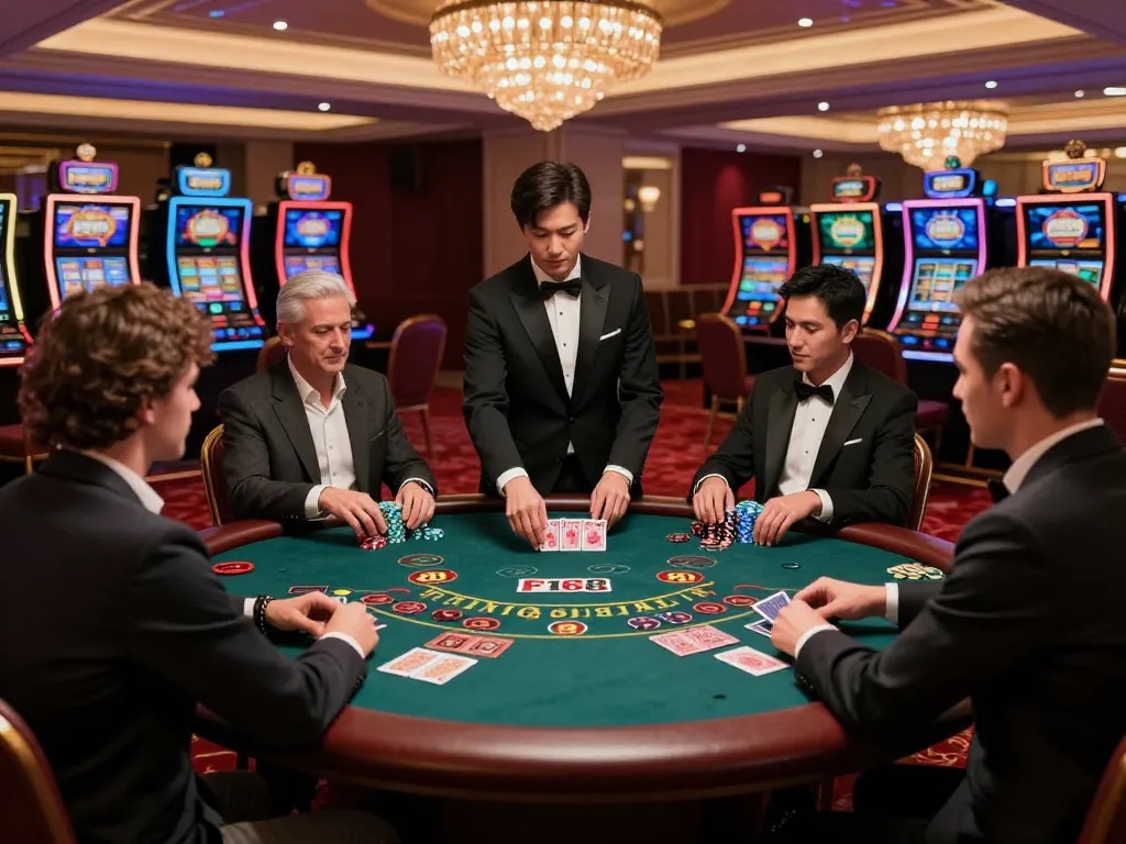 Players engaging in blackjack at Nhà cái uy tín F168, showcasing excitement in a luxurious casino setting.