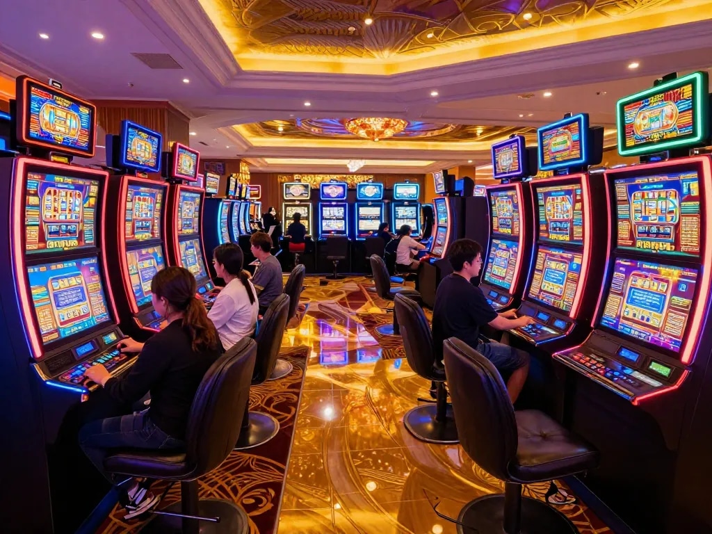 Players enjoying vibrant slot machines at 23WIN casino, immersed in high-stakes gaming excitement