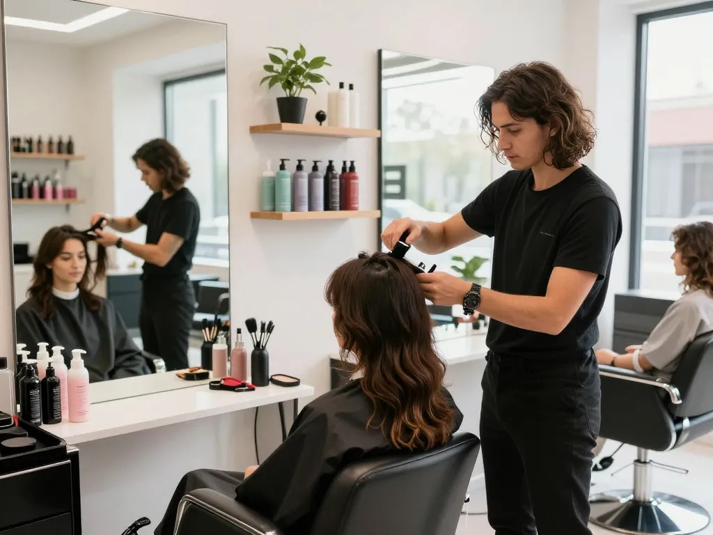 Friseur in der Nähe - professioneller Friseur schneidet Haare in einem modernen Salon.
