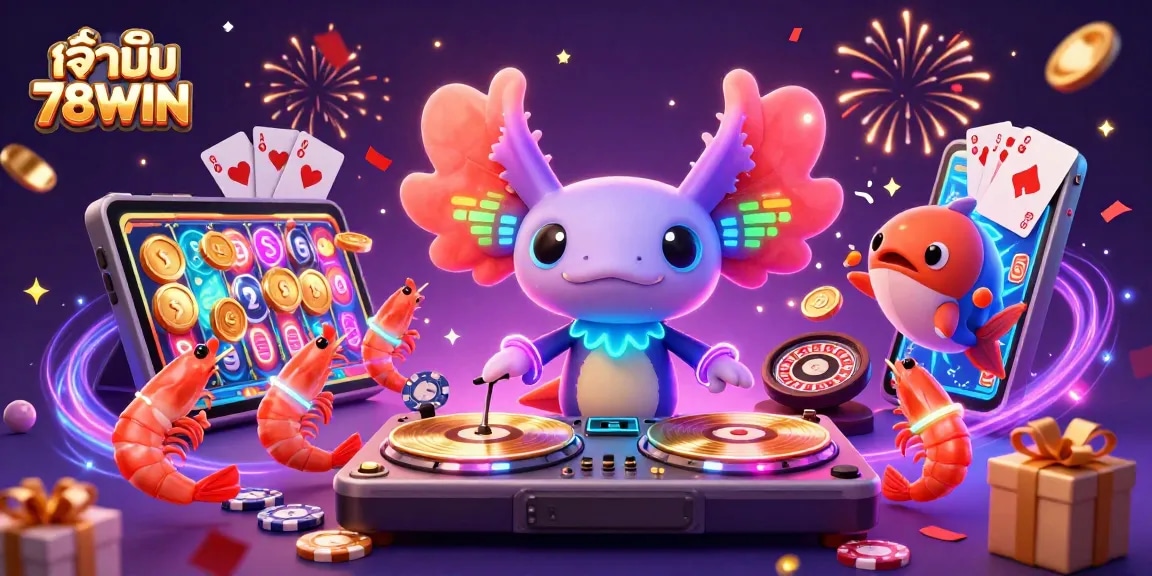 Experience thrilling gameplay with เจ้ามือ 78WIN as vibrant characters and dynamic casino elements come alive in a colorful scene.