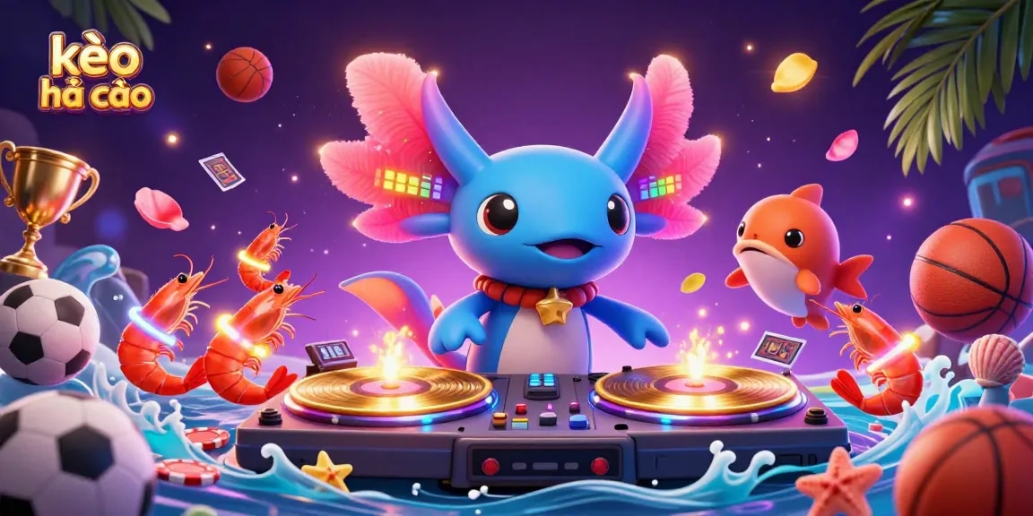 Watch kèo nhà cái in action with a vibrant scene of a neon axolotl DJ and sports betting elements.