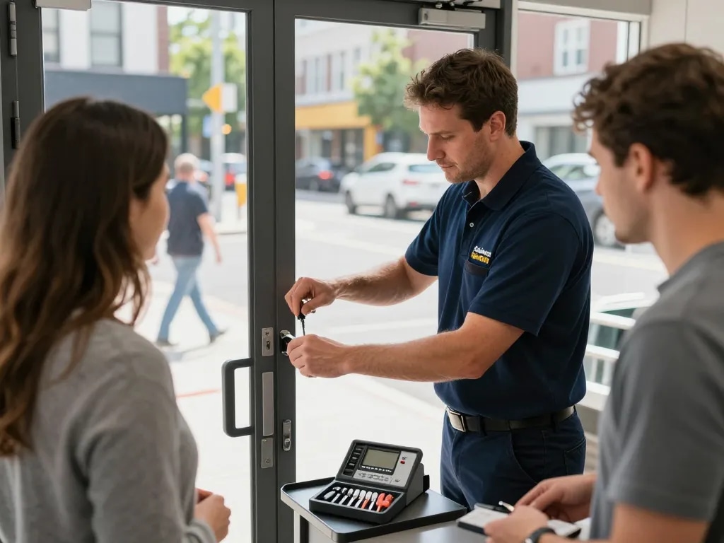 Professional local locksmith Stuart unlocking a commercial door in a vibrant city scene